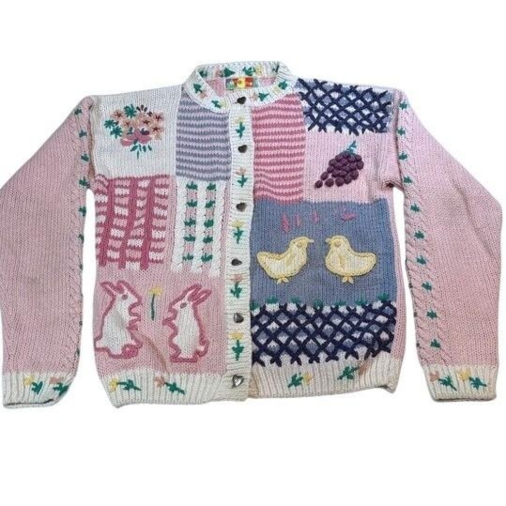 Savannah Cardigan Sweater Soft Pink Easter Kidcore Cute Bunny Girl's Large 14